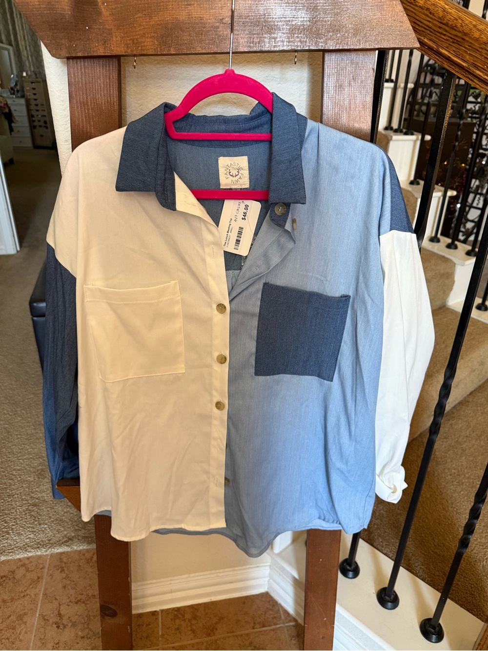 Fantastic Fawn Colorblock Button-Up Blouse in White, Light Blue & Navy
